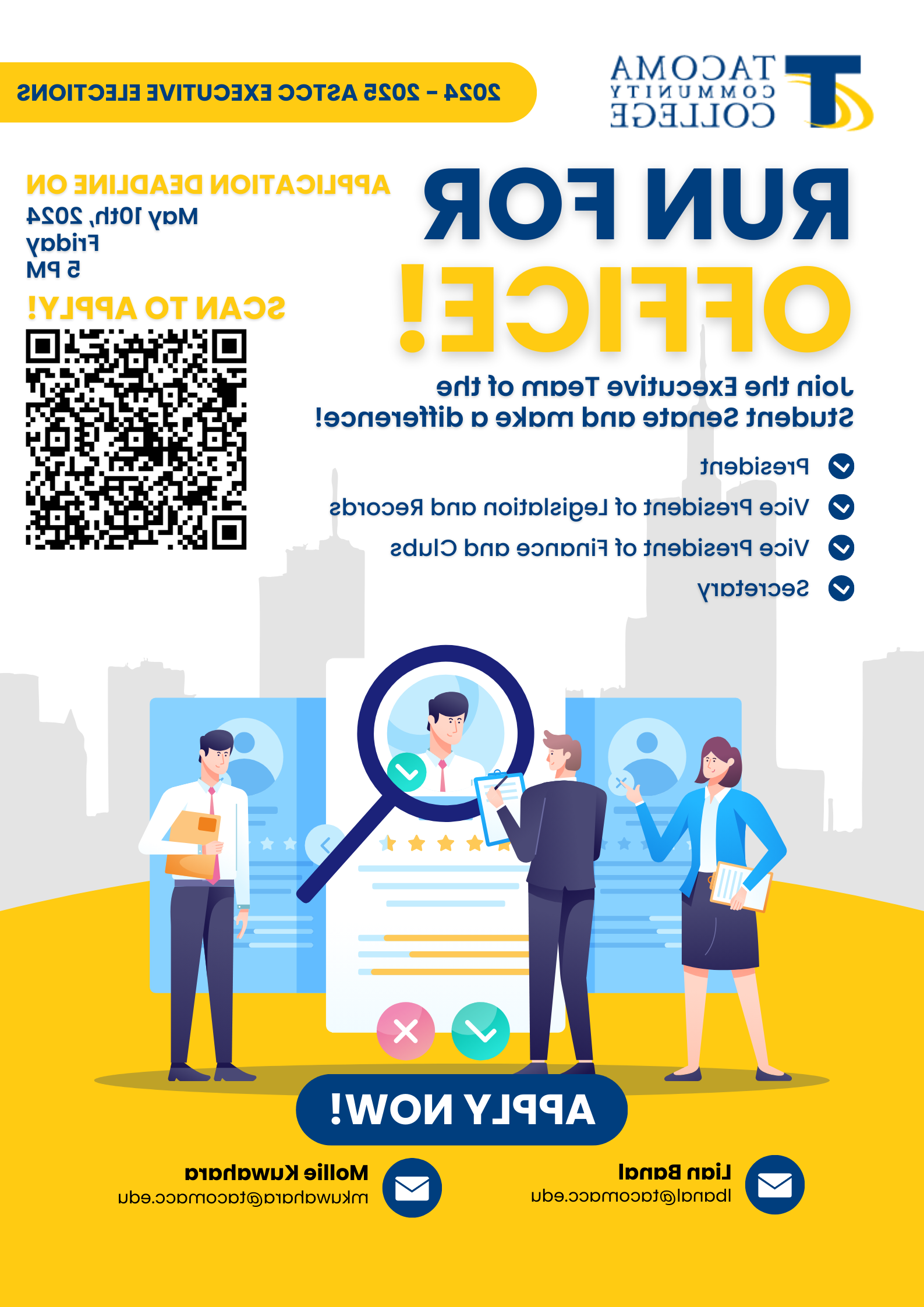 flyer for ASTCC Elections with QR Code to apply by 5 p.m. May 10. 